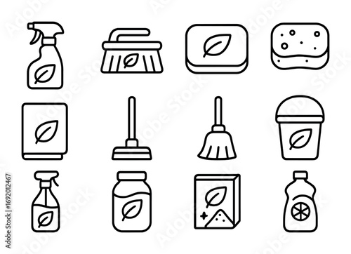 Eco-Friendly Cleaning Icons. Outline icon set of eco-friendly cleaning: spray bottle, brush, soap bar, sponge,