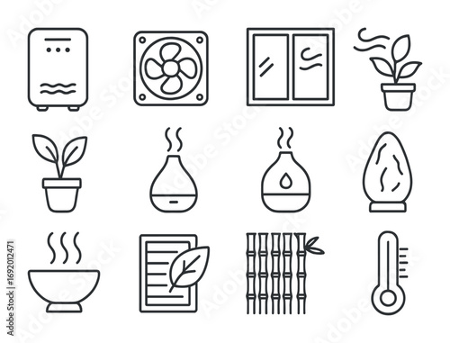 Indoor Air Quality Icons. Outline icon set of indoor air quality: air purifier, ventilation fan, window,