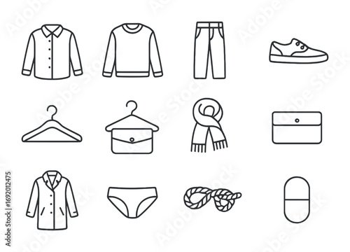 Minimalist Wardrobe Icons. Outline icon set of minimalist wardrobe: linen shirt, wool sweater, hemp pants,