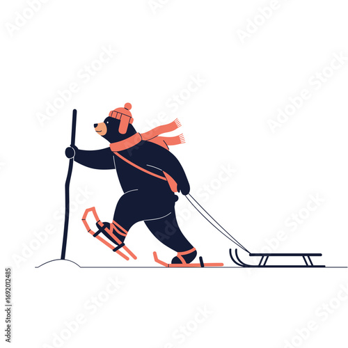 Cartoon bear dressed in winter clothing pulling a sled while snowshoeing through snow