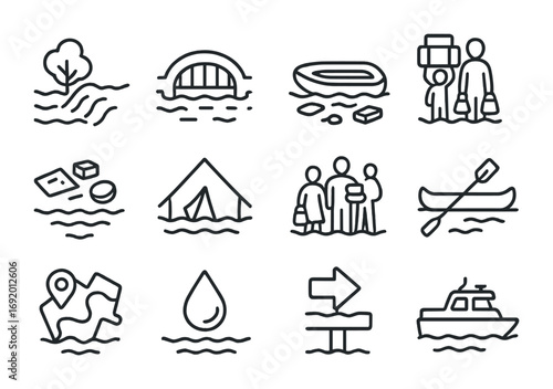 Flood Migration Icons. Outline icon set of Flood migration: river overflow, submerged bridge, lifeboat,