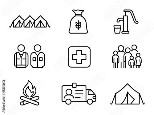 Climate Refugee Camp Icons. Outline icon set of Climate refugee camps: tent row, food ration bag, water pump,