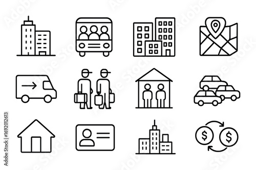 Urban Migration Icons. Outline icon set of Urban climate migration: skyscraper, crowded bus, apartment blocks,