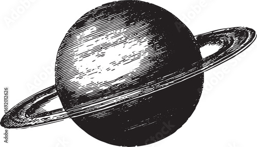 Saturn planet with ring in space. Handdrawn vintage sketch in black and white engraving style vector illustration.