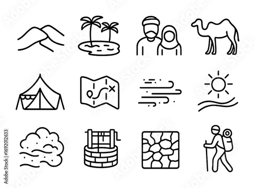 Desert Migration Icons. Outline icon set of Desertification migration: sand dunes, oasis, nomadic family,