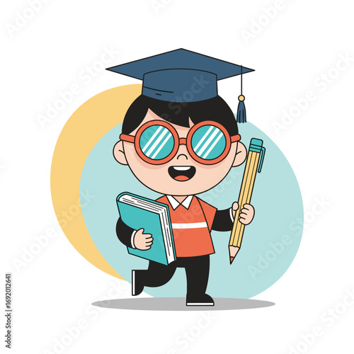 Little schoolboy happy student holding book and pencil ready for education adventure