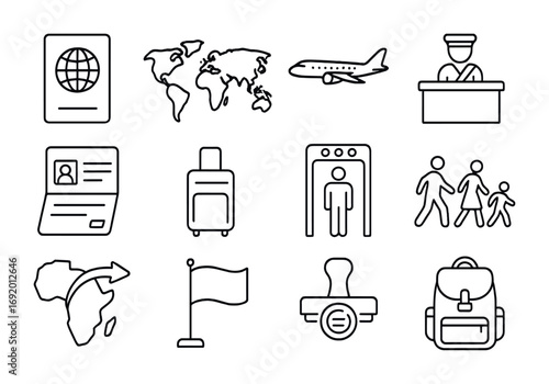 Migration Icon Set. Outline icon set of Cross-border migration: passport, world map, airplane, border