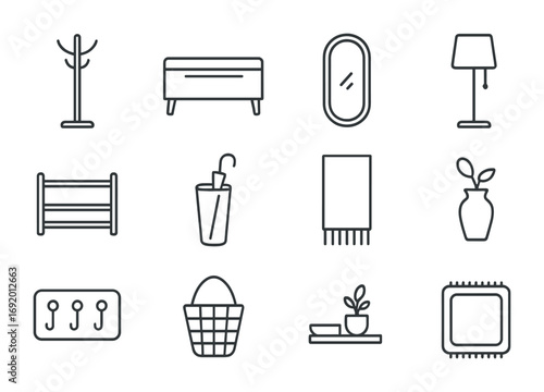 Minimalist Eco Hallway Icons. Outline icon set of minimalist eco hallway: coat rack, storage bench, wall