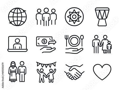 Climate Diaspora Icons. Outline icon set of Climate diaspora: globe with arrows, community gathering, cultural
