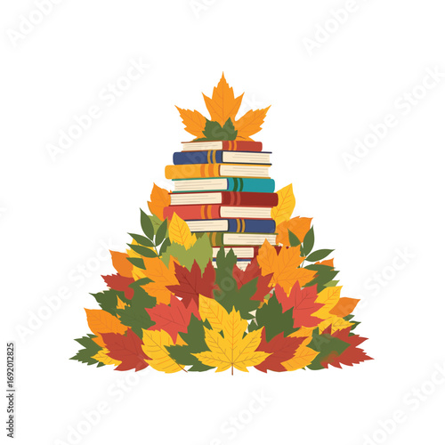 Cozy autumn reading stack surrounded by colorful fall leaves