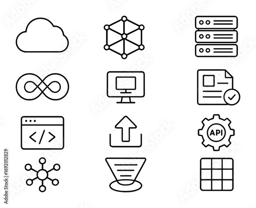 Quantum Cloud Icons. Outline icon set of Quantum cloud services: cloud icon, qubit cube, server rack,