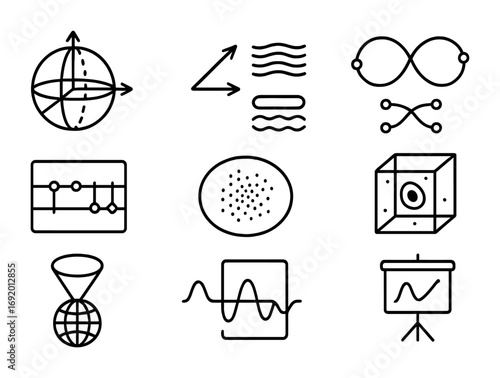 Quantum Visualization Icons. Outline icon set of Quantum visualization: Bloch sphere, state vector arrows,