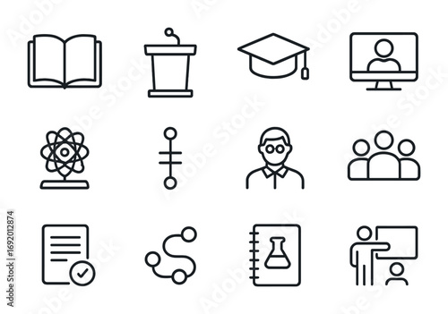 Quantum Education Icons. Outline icon set of Quantum education: open book, lecture podium, graduation cap,