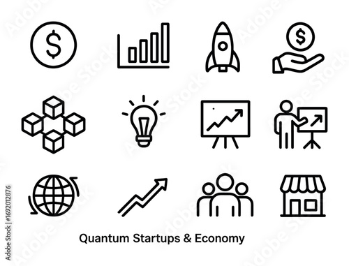 Quantum Startup Icons Grid. Outline icon set of Quantum startups economy: coin icon, bar chart, rocket