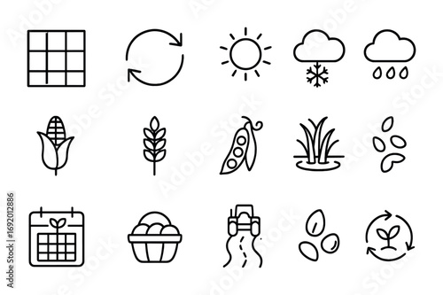 Crop Rotation Icons Set. Outline icon set of Crop rotation: field grid, rotating arrows, seasonal icons, corn