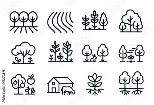 Agroforestry Icons. Outline icon set of Agroforestry: tree rows, crop field, forest edge, shade canopy, mixed