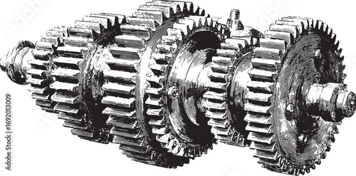 Detailed gear transmission mechanism in black and white line style. Vintage mechanical engineering vector illustration.