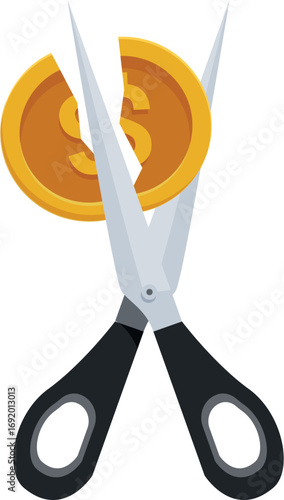 Sharp scissors cutting a gold coin in half, representing cost reduction, budget cuts, and economic savings
