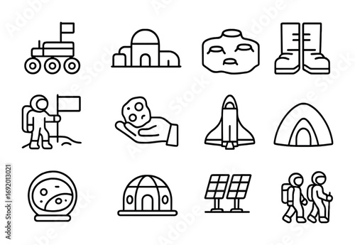 Lunar Tourism Icons. Outline icon set of Lunar tourism: moon rover, lunar base, crater landscape, space boots,