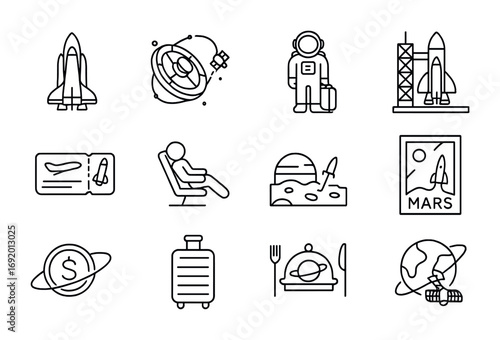 Space Tourism Icons. Outline icon set of Space tourism economy: space shuttle, orbiting hotel, astronaut