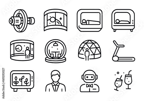 Orbital Hotel Icons. Outline icon set of Orbital hotels: rotating habitat, panoramic window, sleeping pod,