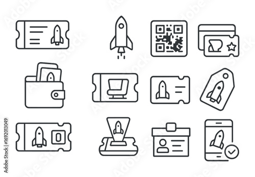 Spaceflight Ticket Icons. Outline icon set of Spaceflight tickets: boarding pass, rocket icon, QR code,