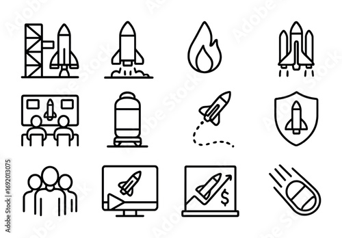 Rocket Launch Icons. Outline icon set of Rocket launch economy: countdown tower, launchpad, ignition flame,