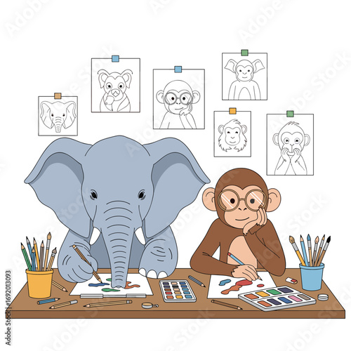 An elephant and a monkey sitting at a table drawing and painting together in an art studio