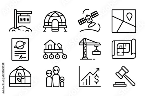 Extraterrestrial Real Estate Icons. Outline icon set of Extraterrestrial real estate: lunar property sign,