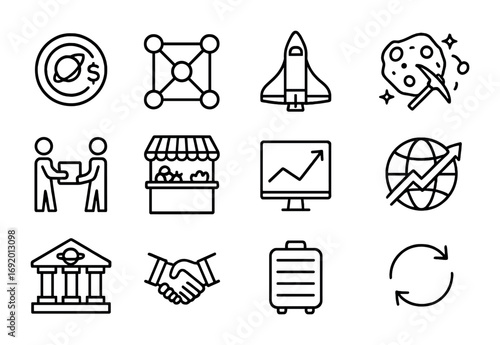 Interplanetary Economy Icons. Outline icon set of Interplanetary economy: space currency coin, blockchain