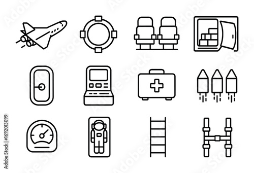 Orbital Shuttle Icons. Outline icon set of Orbital transport shuttles: small craft, docking latch, passenger