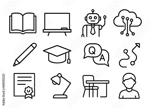 AI Tutors Icon Set. Outline icon set of AI tutors: open book, chalkboard, robot teacher, knowledge cloud,