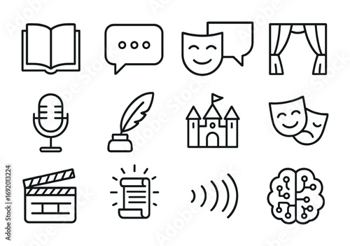 AI Storytelling Icons. Outline icon set of AI storytelling avatars: open book, narration bubble, character