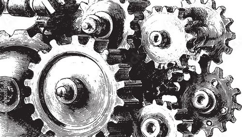 Set of mechanical gears and cogs in black and white. Detailed vintage engineering vector illustration.