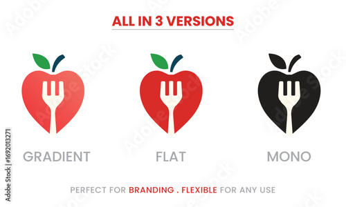 Healthy Food Apple Fork Logo, Nutrition and Restaurant Branding