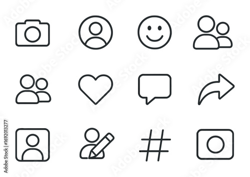 Social Media Icons. Outline icon set of Social media avatars: selfie camera, profile circle, emoji face,