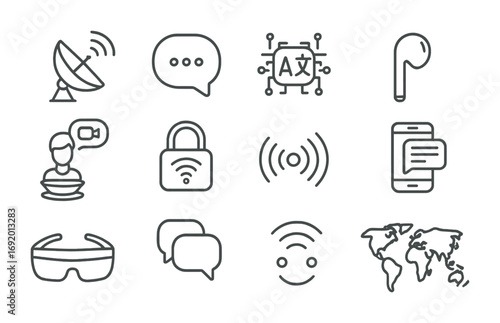 Futuristic Communication Icons. Outline icon set of Futuristic communication: satellite dish, chat bubble, AI
