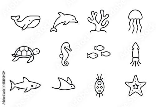 Ocean Biodiversity Icons. Outline icon set of Ocean Biodiversity: whale, dolphin, coral, jellyfish, turtle,