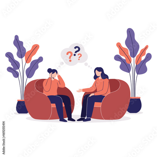Two women sitting in comfortable chairs discussing problems with question marks above their heads