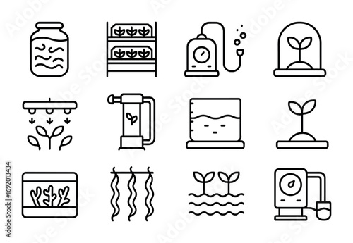 Aquatic Greenhouse Icons. Outline icon set of Aquatic Greenhouses: algae bioreactor, hydroponic rack, oxygen