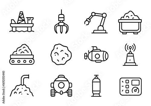 Ocean Mining Icons. Outline icon set of Ocean Mining: drilling rig, mining claw, robotic arm, ore container,
