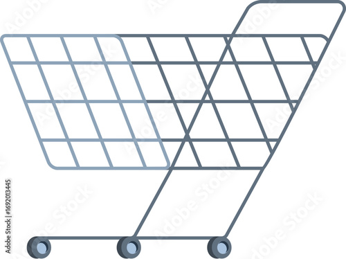 Metal shopping cart rolling on white background, ready for consumer purchases