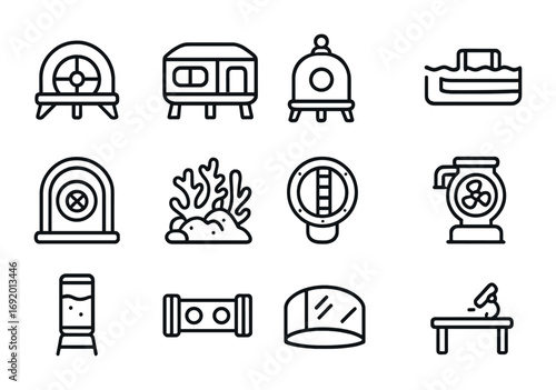 Ocean Habitat Icons. Outline icon set of Ocean Habitats: dome pod, modular home, diving bell, floating raft,