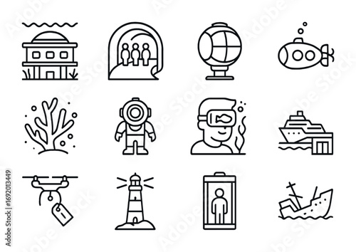 Ocean Tourism Icons. Outline icon set of Ocean Tourism: underwater hotel, glass tunnel, observation pod,