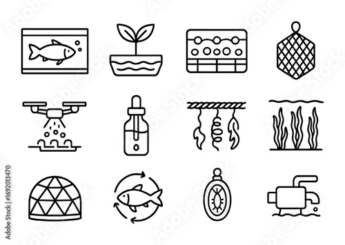 Aquatic Food System Icons. Outline icon set of Aquatic Food Systems: fish tank, hydroponic sprout, algae tray,
