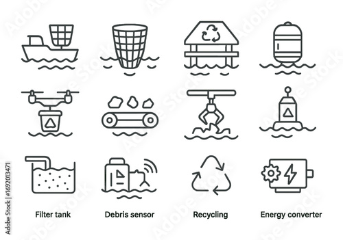 Ocean Recycling Icons. Outline icon set of Ocean Recycling: plastic collector, waste net, recycling hub,