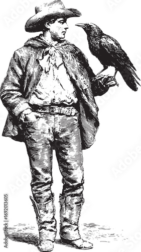 Cowboy standing with a raven on his hand. Vintage black and white sketch of western outfit in vector illustration.