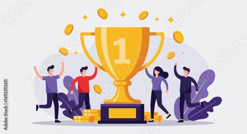 Golden Trophy Victory Celebration with Happy People.