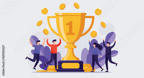 Golden Trophy Celebration with Cheering People.