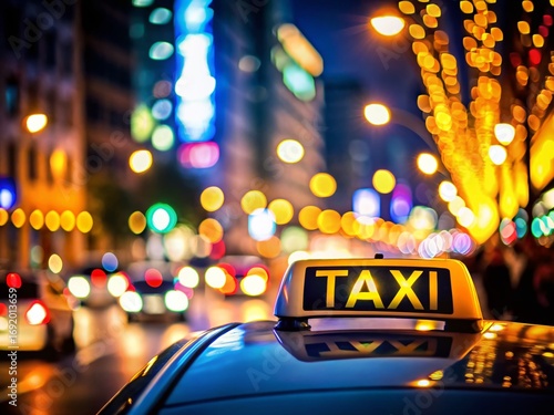 Night City Taxi Bokeh, Urban Transportation, Ride Sharing, City Lights, Blurred Background